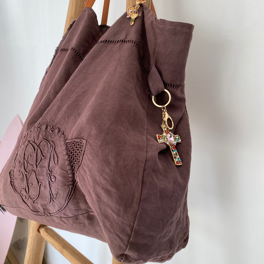 Cabas Thérèse en drap ancien moka avec monogramme