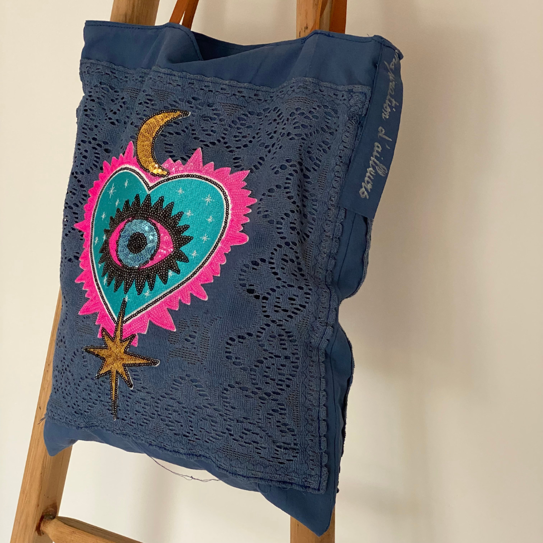 Cabas Marie bleu en drap ancien upcyclé