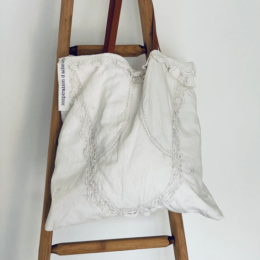 Cabas Ginette blanc en drap ancien upcyclé