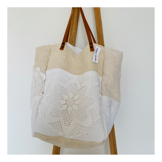 Cabas Josette en toile de jute et drap ancien upcyclé – Pièce unique handmade