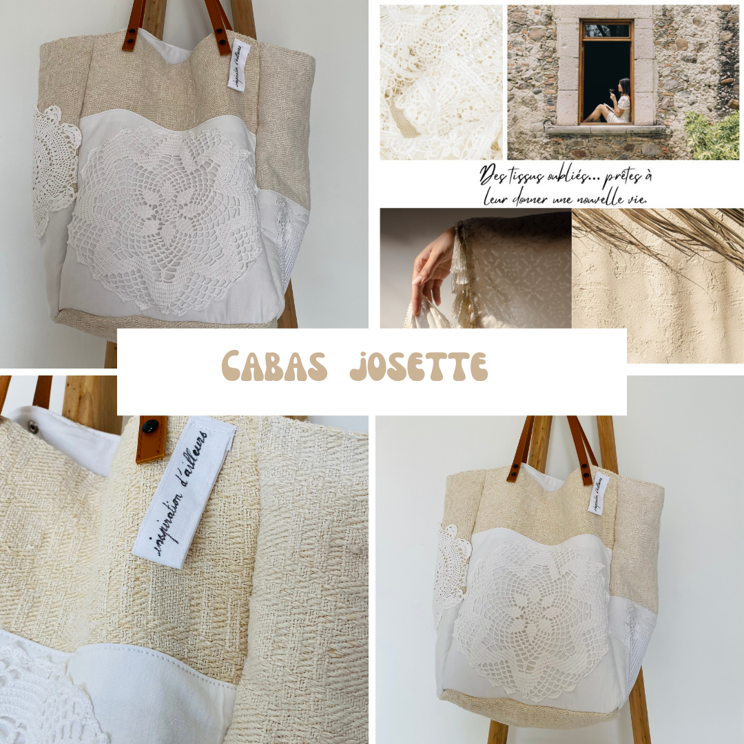 Cabas Josette fait main en toile de jute et drap ancien upcyclé – pièce unique blanc et beige