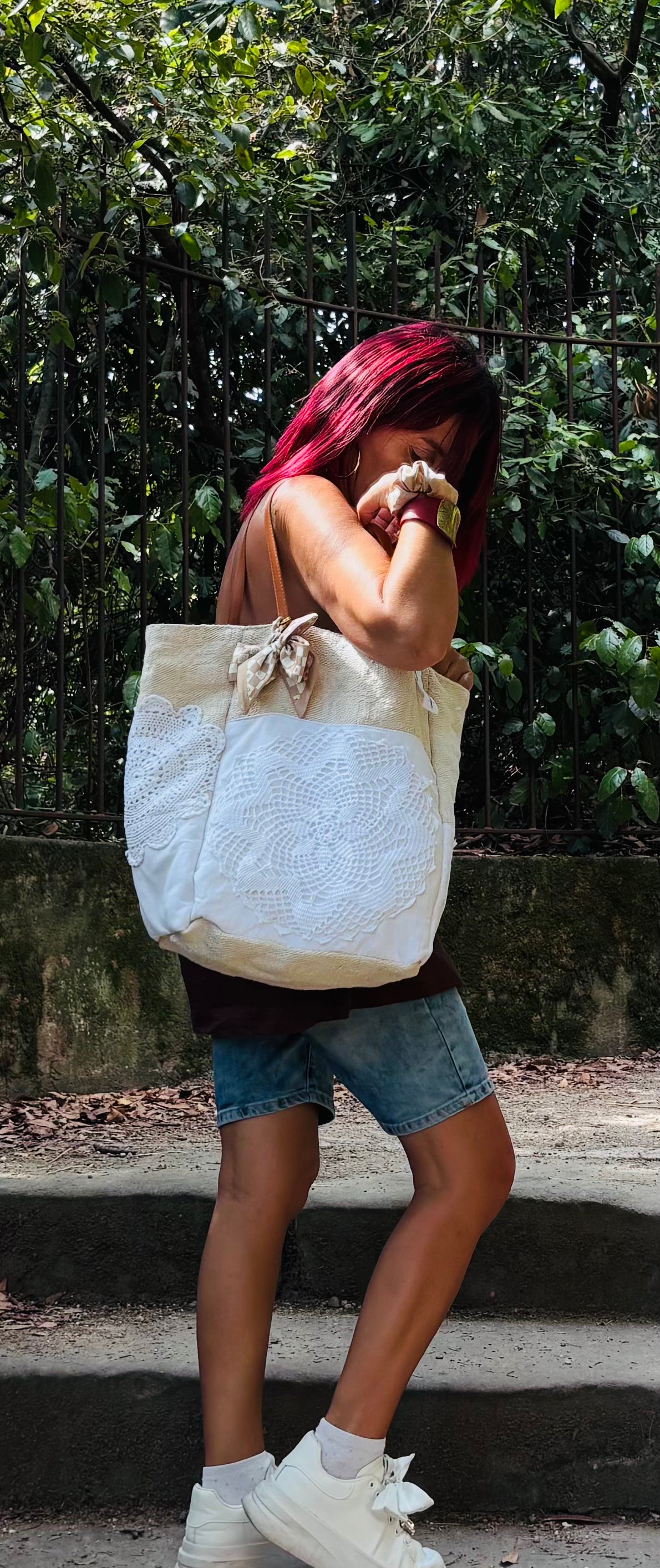 Cabas Josette en toile de jute et drap ancien upcyclé – Pièce unique handmade